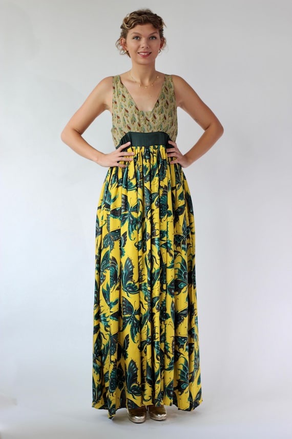 rutzou silk dress Vintage Yellow Silk Maxi Silk Dress//butterfly Print//rützou Butterfly Dress,  Danish Design//size L