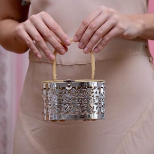 1950s Lucite Metal/Celluloid Box Handbag/Filigree floral deko