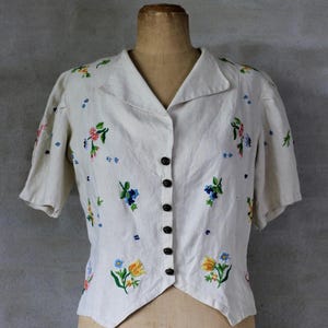 RARE 1930s Linen Blouse/Summer Jacket With Floral Embroidery/Puffed Sleeves & Nipped Waist/Size M