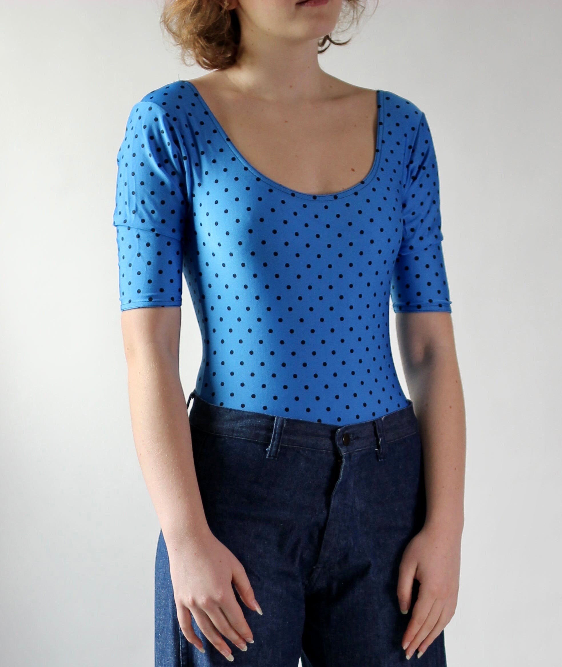 ♡MARY QUANT♡JELLY BABIES 1980s Vintage Mary Quant Blue Bodysuit With Black Polka Dots