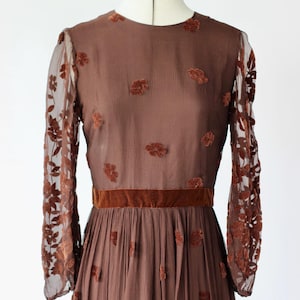 1930s Vintage Long Brown Silk Chiffon Dress with Velvet Flowers//Evening Gown//Size S