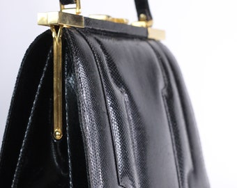 1950s Vintage Black Leather Top Handle Bag//Box Bag