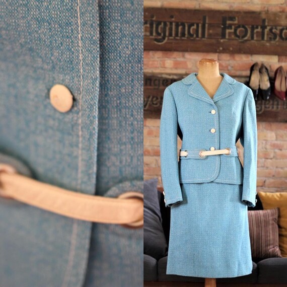 1960's Italian Blue Wool Skirt/Blazer Suit with W… - image 1