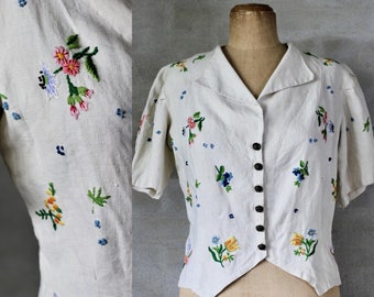 RARE 1930s Linen Blouse/Summer Jacket With Floral Embroidery/Puffed Sleeves & Nipped Waist/Size M