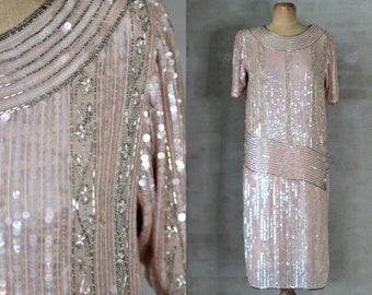 Vintage Beaded Sequin Silk Dress//Does 1920s Flapper Dress//Size M