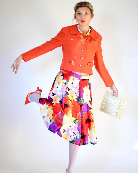 1980s Vintage High Waisted Silk Skirt With Floral Print in Bright