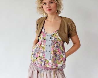 Top de seda vintage con estampado floral en colores vivos // Sin mangas // Talla M