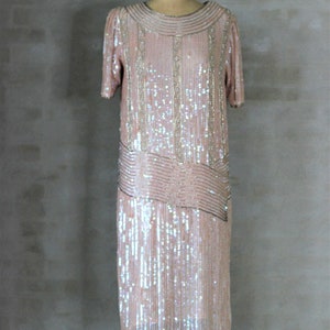 Vestido de seda de lentejuelas con cuentas vintage//Vestido flapper de la década de 1920//Talla M