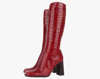 1990s Unique Buffalo Red Leather High-shaft Boots // Square Foot // Crocodile Snake Skin Patteren // High Block Heels // Size EU 38 US 7.5