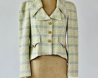 Christian Lacroix Jacket Womens L Blue Tweed Cropped Blazer Button