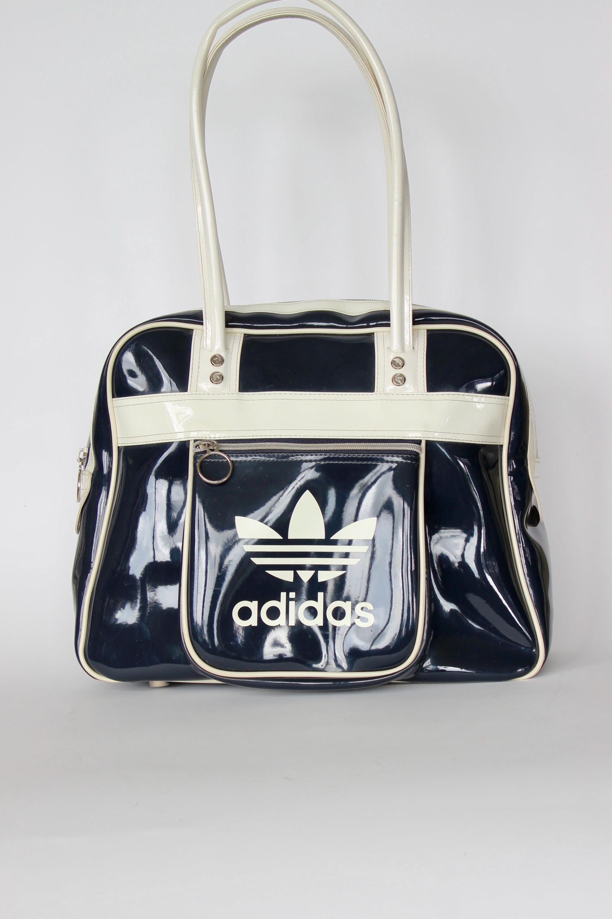 1990s Vintage Adidas Vinyl Dark Blue Sports Bag // Top Handle Bag
