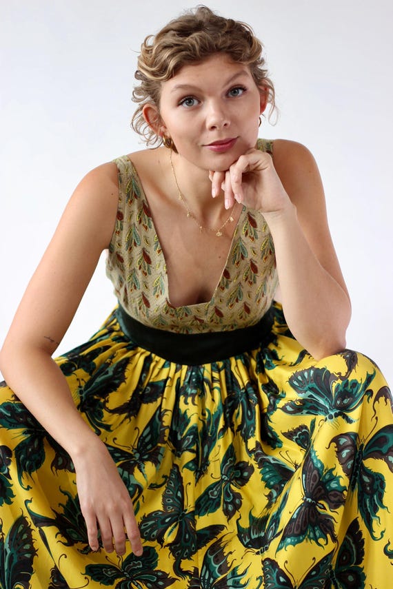 rutzou silk dress Vintage Yellow Silk Maxi Silk Dress//Butterfly Print//Rtzou Butterfly dress, Danish Design//Size S