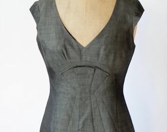 Vintage Designer Karen Millen, London Graues Cocktailkleid aus Wolle/Baumwolle // Ärmelloses Bleistiftkleid // Größe M