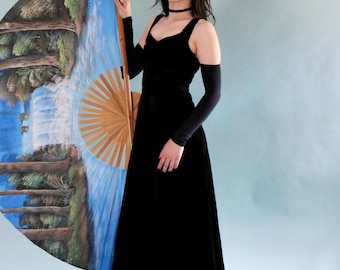 Vestido de noche vintage de terciopelo marrón oscuro y negro de los años 30 // Vestido largo // Sin mangas // Bajo con volantes // Talla XS/S