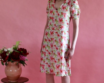 Y2K Vintage Does 1930s White Silk Dress with Flower Print // Copenhagen, Baum und Pferdgarten // Size S