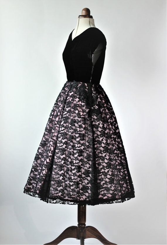 1950s Black Lace Dress Over Pink and Silver Lurex