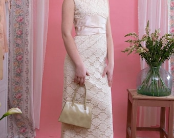 1950s 1960s Ivory Lace Cocktail Dress // Pale Pink Satin Linen // Size S/M