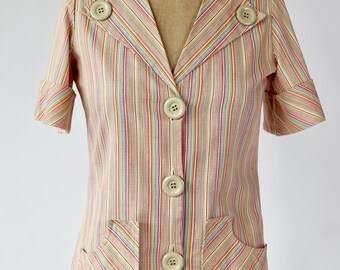 1970s Vintage Striped Women's Top/Shirt with Large Buttons and Short Sleeves // Laurent Servet, Made in France  // Size S/M