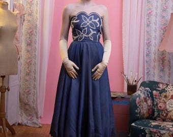 Vintage 1950s Navy Organdy Dress: White Floral Embroidery - Etsy