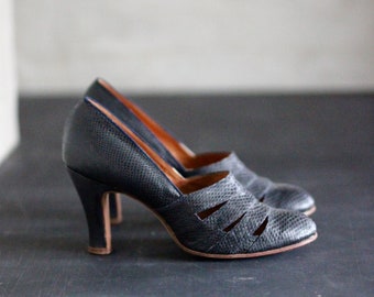 Chaussures en cuir de reptile noir des années 40//Fabriquées en Suède//Taille 38 US 7 UK 5