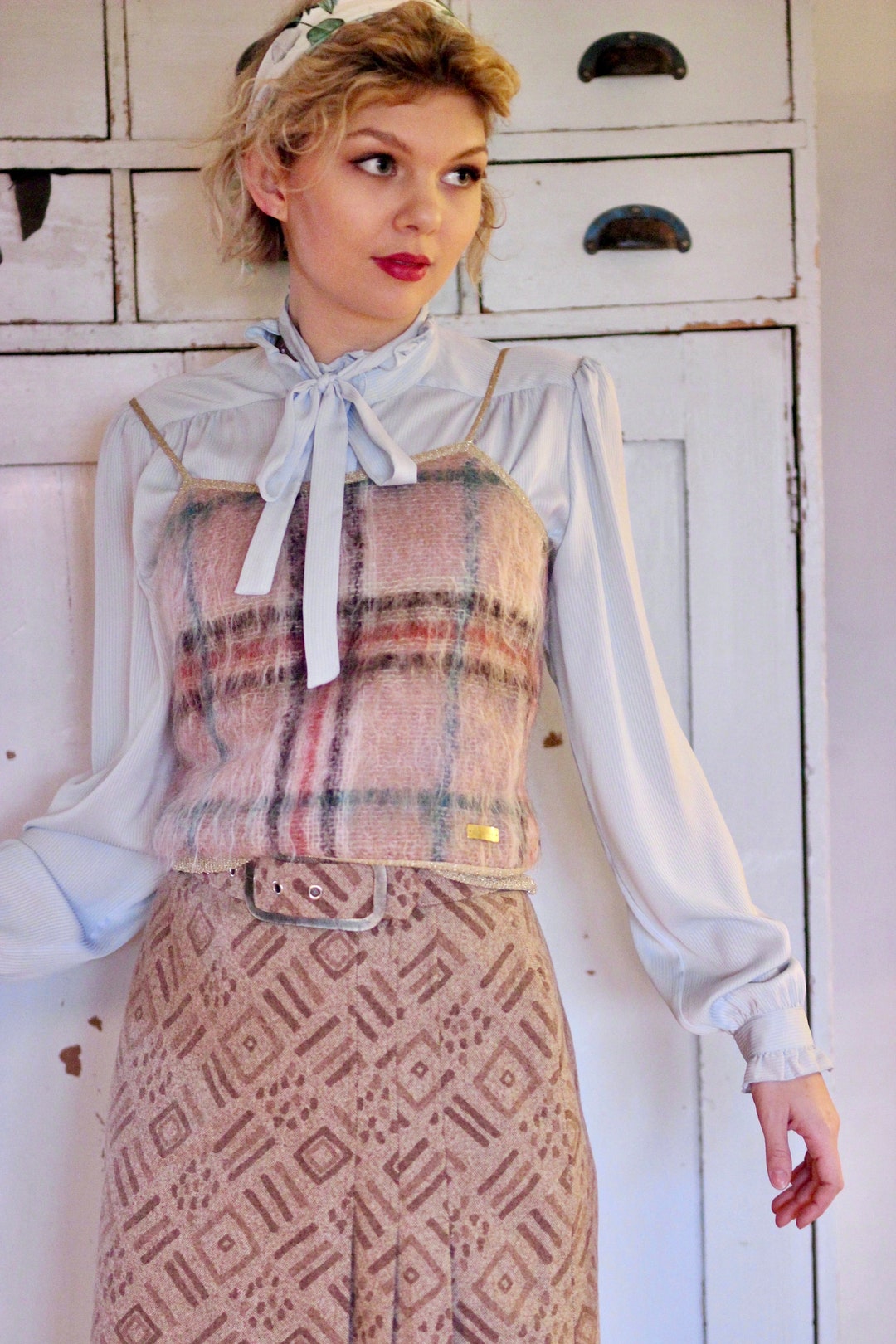 いいスタイル 1990s Knit//size Top//checkered Knit Tricot Colorful Vintage トップス
