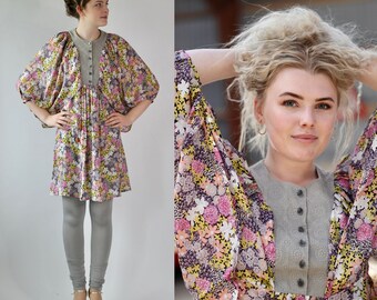 Y2K Flower Silk Dress with Butterfly Sleeves//Danish Design//Baum und Pferdgarten//Size M