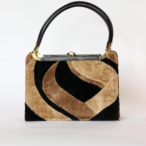 1960s Vintage Velvet and Leather Handbag/Purse // Black, Beige and Brown Colors //Leather // Golden Closure // Bon Goût, Copenhagen