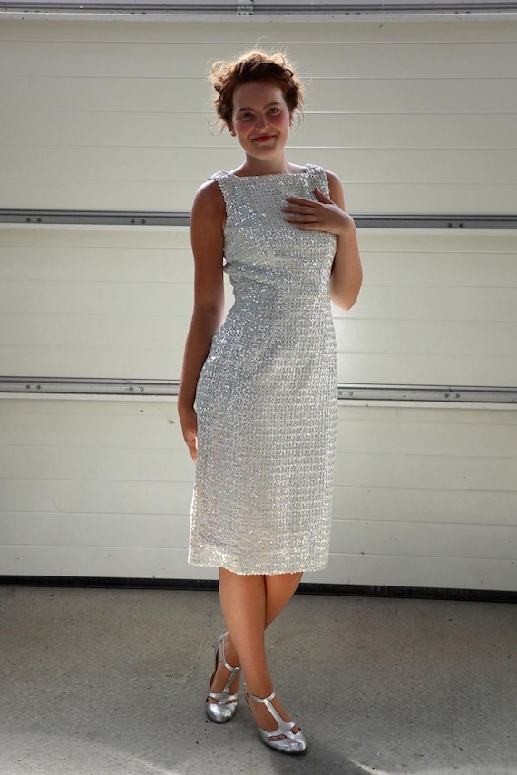 1960s sequin dress 1960s Vintage White Sequins Dress // Vintage Sequin Dress // Cocktail Dress // Size S-M