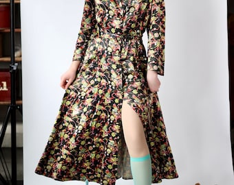 1940 Maxi Robe/Housecoat negro //Estampado novedoso //Tamaño L