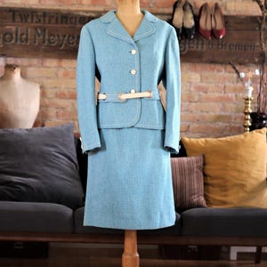 1960&#39;s Italian Blue Wool Skirt/Blazer Suit with White Belt