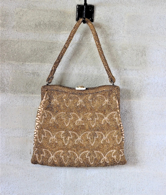 1950s Vintage Golden/Clear Beaded Top Handle Purse/Bag//Rhinestone Closure