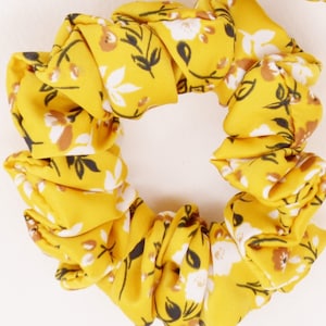 Mini Scrunchie, Mustard Yellow Floral Satin Silk Hair Tie