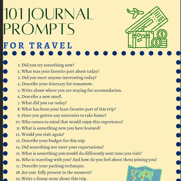 101 TRAVEL JOURNAL PROMPTS- ready to download, digital link,