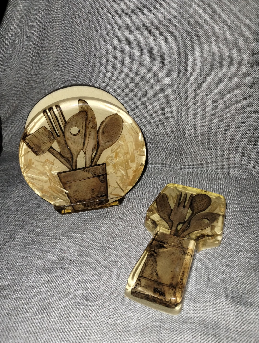 Vintage Mid Century Modern Lucite Spoon Rest Straw Wood Fork Etsy