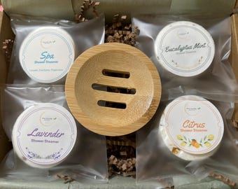 Gift Set | Shower Steamers with Bamboo Tray | Shower Steamer | Eucalyptus Mint • Citrus • Lavender • Variety Pack • Organic