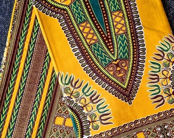 May include: Yellow and green fabric with a geometric pattern. The fabric has a V-neck design with a brown and yellow border.