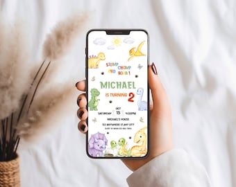 May include: A digital invitation for a dinosaur-themed birthday party. The invitation features a colorful illustration of dinosaurs, butterflies, and a sun. The text reads "Stomp, Chomp, and Roar! Michael is turning 2. Saturday, Oct 15, 4:00PM, Michael's House, 123 Anywhere Stany City, RSVP 123 456 7898."