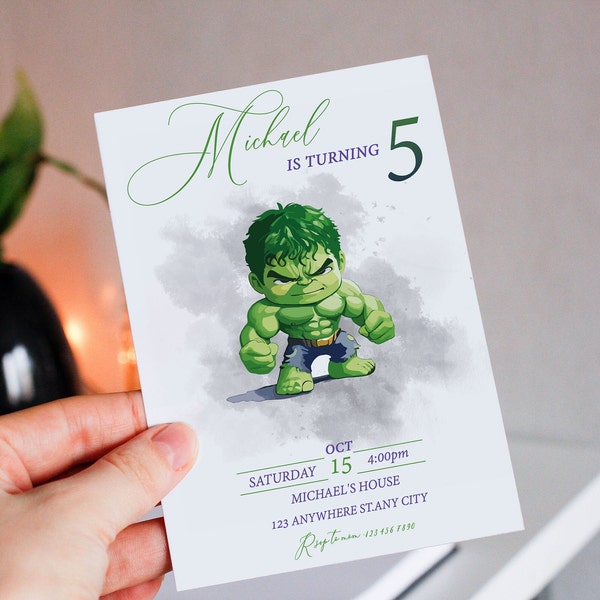 Modèle modifiable d'invitation d'anniversaire Hulk, invitation de fête d'anniversaire imprimable, modèle d'invitation de fête numérique pour enfants, invitation aquarelle