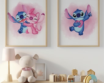Estampados de Stitch y Ángel: Decoración rosa para habitación de niña (Descarga digital, juego de 2)