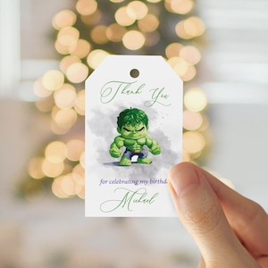 Plantilla de etiqueta editable, etiqueta de regalo de cumpleaños de Hulk, etiqueta de regalo imprimible de descarga instantánea, etiqueta de agradecimiento personalizada completamente editable
