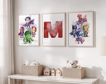 Personalized Super Heroes Wall Art, Set of 3 Prints Super Heroes Nursery Decor,  (Digital Download