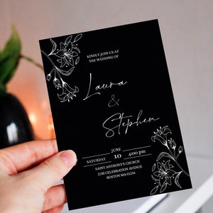 Black Floral Wedding Invitation Template: Modern Minimalist (Digital Download)