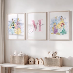 Arte de pared de princesa personalizado para habitación de niñas, decoración de princesa con nombre personalizado, juego de 3 impresiones de arte de pared para habitación de niños, decoración de guardería de princesas