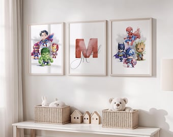 Personalized Super Heroes Wall Art for Boys Room, Custom Name  Super Heroes Decor, Set of 3 Prints Kids Room Wall Art, Nursery Decor