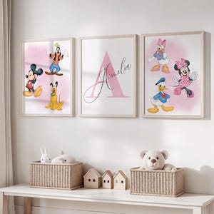 Personalized Mickey and Friends Wall Art for Girl Room, Custom Name Disney Decor, Set of 3 Prints Kids Room Wall Art, Disney Nursery Decor
