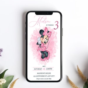 Plantilla de invitación de cumpleaños de Minnie editable para móvil, invitaciones para fiestas de cumpleaños, invitación digital para fiestas infantiles, descarga instantánea, mm