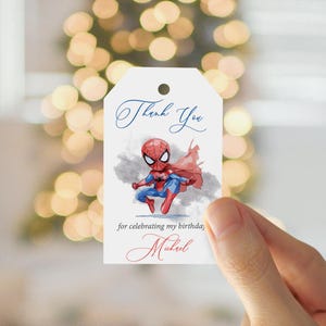 Modello di tag modificabile, tag regalo di compleanno di Spiderman, tag di favore stampabile con download immediato, tag di ringraziamento personalizzato, SPH
