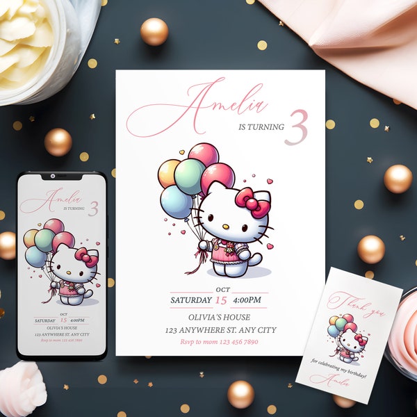 Kitty Birthday Party Invitation, Kitty birthday party invite, Pink birthday party, Kitty invite, digital file, kty