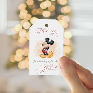 Modello di tag modificabile, tag regalo di compleanno di Topolino, tag di favore stampabile con download immediato, tag di ringraziamento personalizzato completamente modificabile, mm