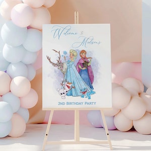 Placa de boas-vindas para festa de aniversário Frozen da Disney editável, decoração para festa Frozen, placa de boas-vindas Frozen, placa de boas-vindas para festa de aniversário, mm